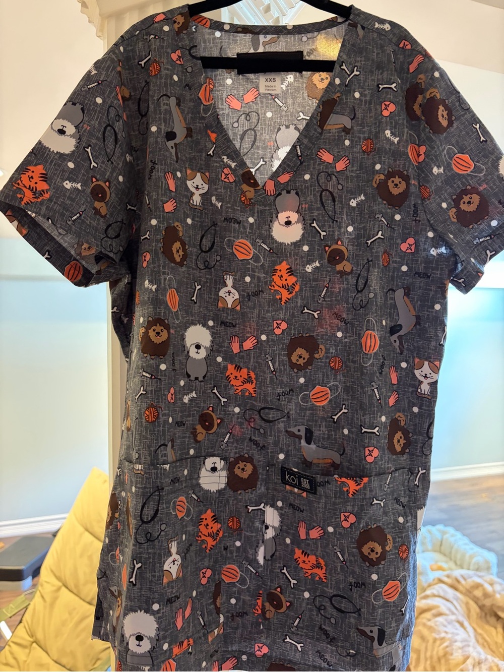 Women’s Koi Gray Patterned V-Neck Scrub Top with Dogs and Cats Pattern